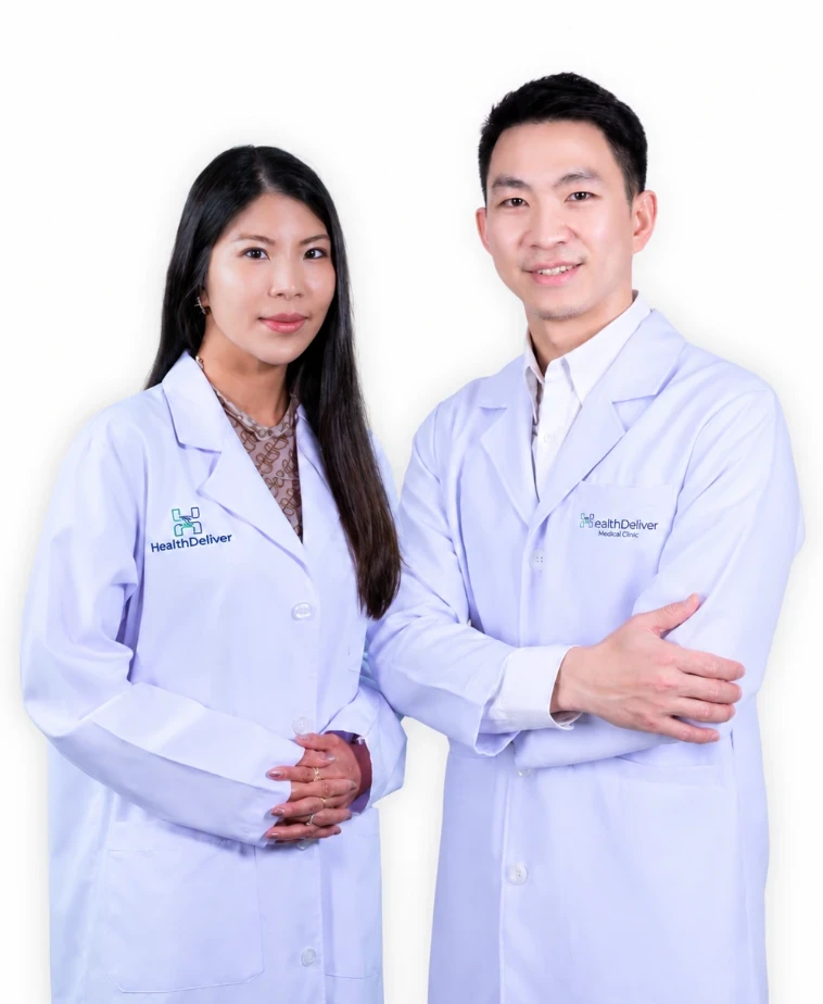 Dr. Jay, clinical psychologist, and Dr. Komsit, neurologist, at HealthDeliver Bangkok